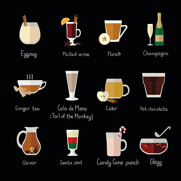 names of beverages. Vector flat icons of traditional Christmas drinks and cocktails on black background with names of beverages. eggnog stock illustrations