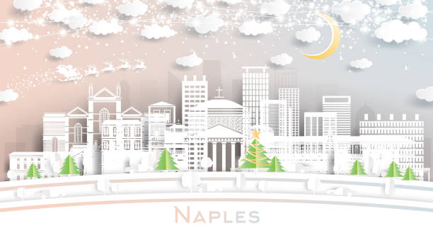 naples italy city skyline w stylu paper cut z płatkami śniegu, księżycem i neonową girlandą. - napoli stock illustrations