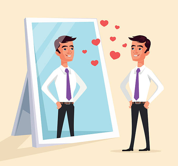 Narcissistic man character looks at mirror Narcissistic man character looks at mirror. Vector flat cartoon illustration vanity stock illustrations