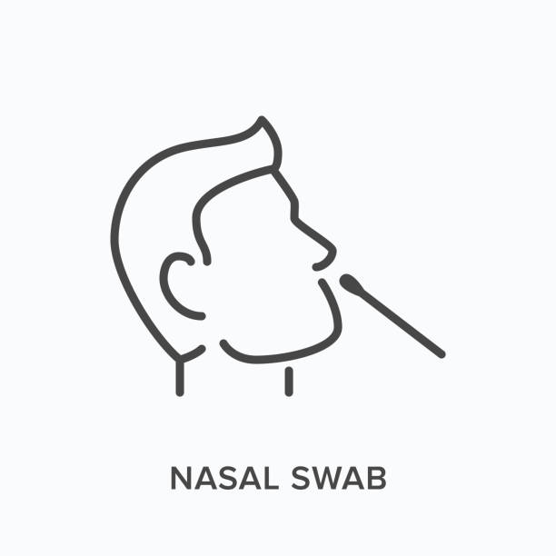 Nasal swab line icon. Vector outline illustration of viral exam. Head and virus test pictorgam Nasal swab line icon. Vector outline illustration of viral exam. Head and virus test pictorgam. nose stock illustrations