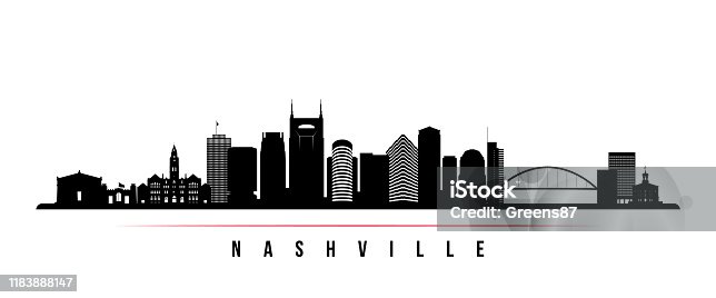 istock Nashville skyline horizontal banner. Black and white silhouette of Nashville, Tennessee. Vector template for your design. 1183888147