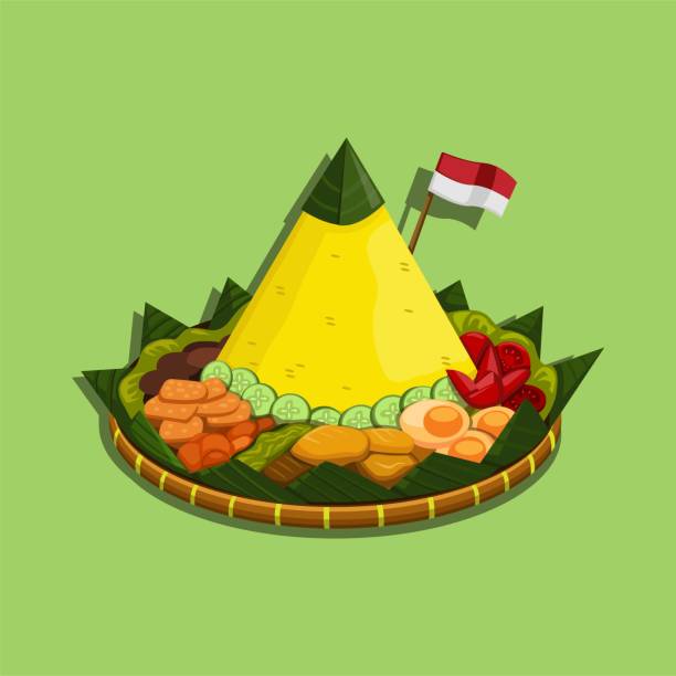 nasi tumpeng 是一種印尼圓錐形米菜，配菜蔬菜和肉類，源自印尼的爪哇美食。卡通插圖載體 - 印尼文化 幅插畫檔、美工圖案、卡通及圖標