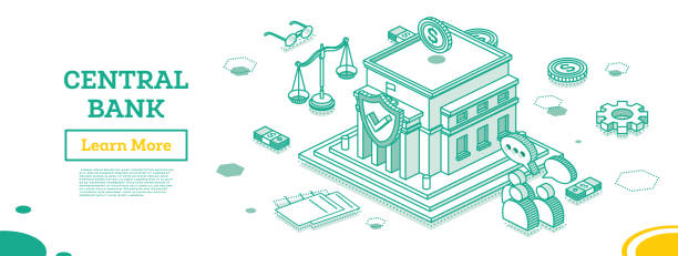 National Central Bank Building. Isometric Financial Concept. Vector Illustration. National Central Bank Building. Isometric Financial Concept. Vector Illustration. Reserve Currency. federal reserve stock illustrations