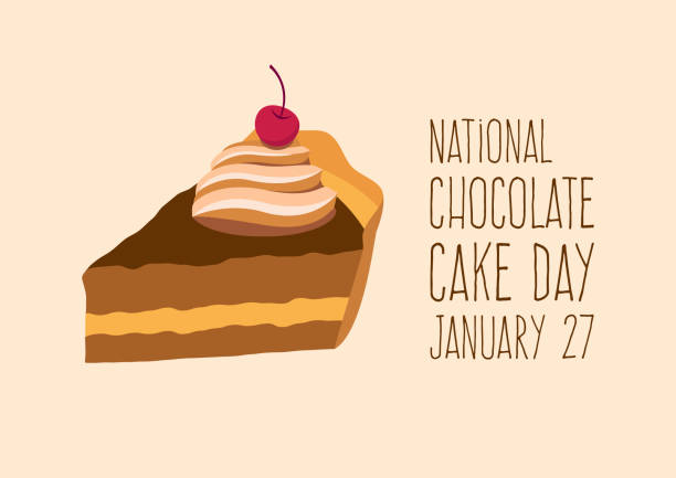 National Chocolate Cake Day vector Slice of cake with whipped cream and cherry icon vector. Creamy chocolate cake vector. Chocolate Cake Day Poster, January 27 chocolate cake stock illustrations