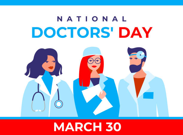 국립 의사의 날 벡터 배너입니다. 국제 휴일, 축하합니다. 캐릭터는 두 여성 치료사, 의사의 외과 의사, 그리고 평평한 스타일의 수염남성 이비인후과 전문의입니다. - 국가 관광명소 stock illustrations