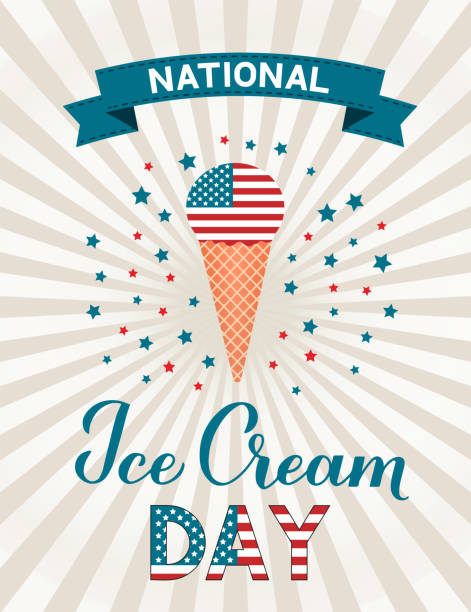 레터링과 아이스크림 콘이 있는 미국 국립 아이스크림의 날 복고풍 애국 포스터. 재미있는 미국 휴일은 7 월 셋째 일요일을 축하합니다. 배너, 전단지, 카페 또는 레스토랑 메뉴에 대한 벡터 템� - 국가 관광명소 stock illustrations