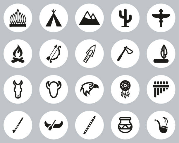 Native American Culture Icons Black & White Flat Design Circle Set Big This image is a vector illustration and can be scaled to any size without loss of resolution. buffalo shooting stock illustrations