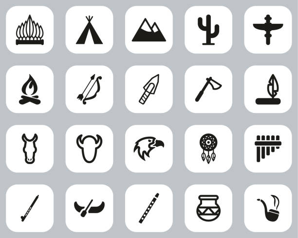 Native American Culture Icons Black & White Flat Design Set Big This image is a vector illustration and can be scaled to any size without loss of resolution. buffalo shooting stock illustrations