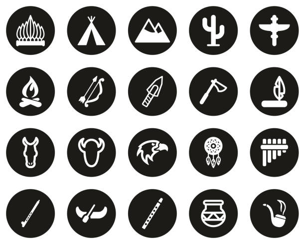 Native American Culture Icons White On Black Flat Design Circle Set Big This image is a vector illustration and can be scaled to any size without loss of resolution. buffalo shooting stock illustrations
