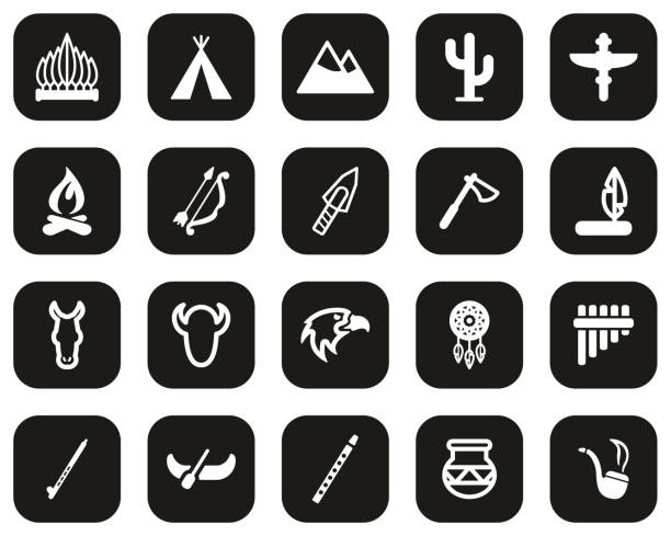 Native American Culture Icons White On Black Flat Design Set Big This image is a vector illustration and can be scaled to any size without loss of resolution. buffalo shooting stock illustrations