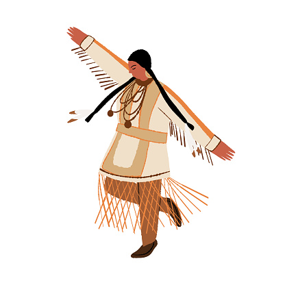 Native American girl dancing. Wild West Indian American woman wearing traditional ethnic costume with feathers performing ritual dance. Tribal dance of indigenous peoples of America. Vector illustration.