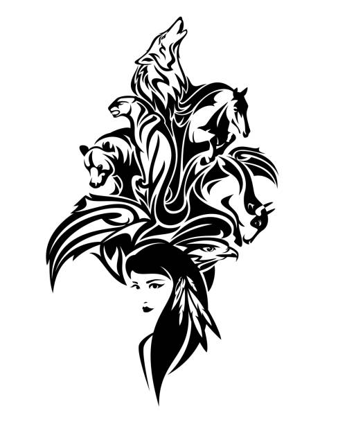 native american shaman woman and animal spirits black vector outline beautiful native american woman with long hair and tribal animal spirits - black and white vector design of indian nature unity concept cougar woman stock illustrations