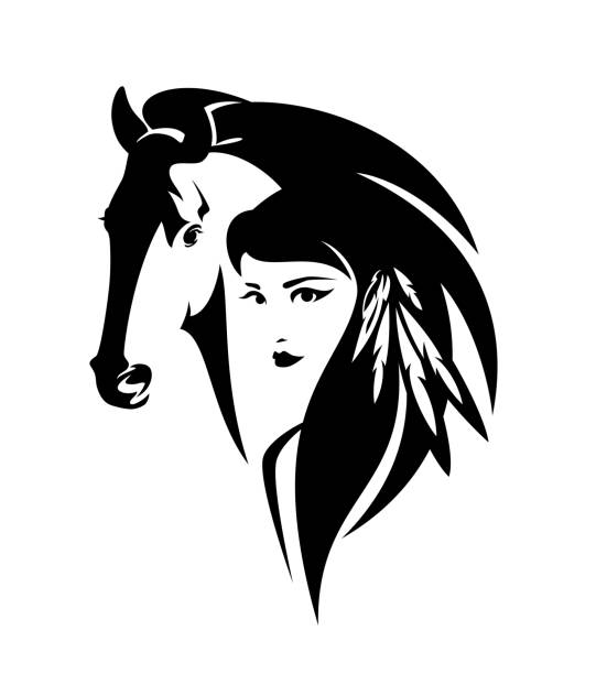 native american woman and wild horse head black and white vector portrait beautiful american indian woman with feathers in long hear and wild mustang horse head - native tribal spiritual culture black and white vector design horse clipart stock illustrations