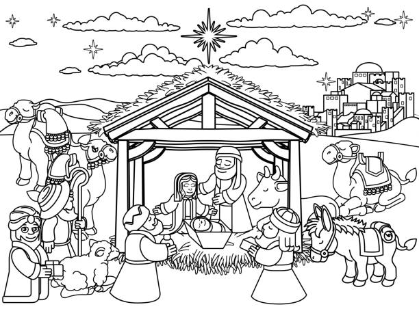 Nativity Scene Christmas Cartoon A Christmas nativity scene coloring cartoon, with baby Jesus, Mary and Joseph in the manger with three wise men, shepherd and donkey and other animals. The City of Bethlehem and star above. coloring pages stock illustrations