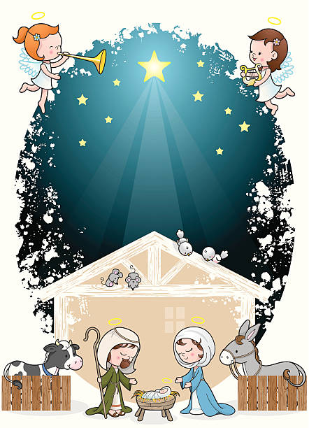 Nativity scene cute kids vector art illustration