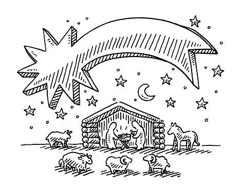Hand-drawn vector drawing of a Nativity Set and a big Star Of Bethlehem. Black-and-White sketch on a transparent background (.eps-file). Included files are EPS (v10) and Hi-Res JPG. vector