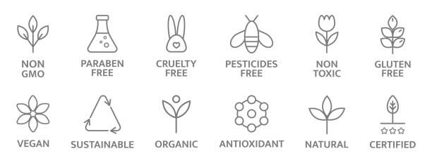 Natural and organic cosmetic line icons. Allergen free badges. Non toxic logo. Skincare symbol. Beauty product. Gluten and paraben free cosmetic. Eco, vegan label. Sensitive skin. Vector illustration Natural and organic cosmetic line icons. Allergen free badges. Non toxic logo. Skincare symbol. Beauty product. Gluten and paraben free cosmetic. Eco, vegan label. Sensitive skin. Vector illustration. genetic modification stock illustrations
