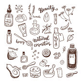 Natural cosmetic, spa and self care doodle design elements set