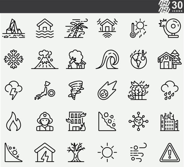 natural disaster , disease , flood  line icons - avalanche stock illustrations
