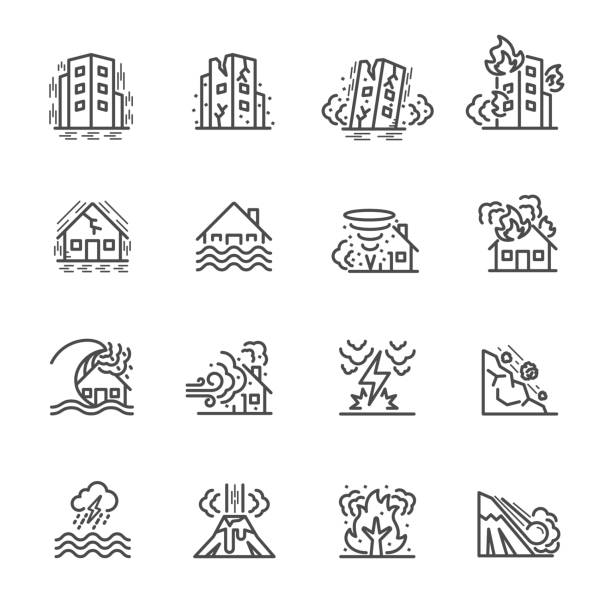Natural Disaster, Vector illustration of thin line icons for Natural Disaster Contains such Icons as earth quake, flood, tsunami and other Natural Disaster, Vector illustration of thin line icons for Natural Disaster Contains such Icons as earth quake, flood, tsunami and other earthquake stock illustrations