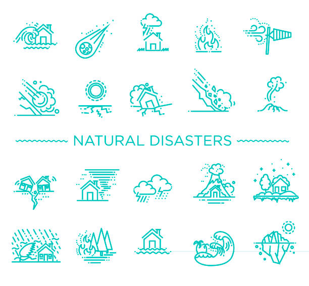 стихийное бедствие, векторная иллюстрация иконок тонкой линии - avalanche stock illustrations