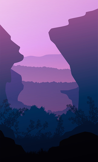 自然林の山々の地平線の木のシルエット夕方の日の出と日没風景の壁紙イラストベクトルスタイルカラフルなビューの背景 かすみのベクターアート素材や画像を多数ご用意 Istock