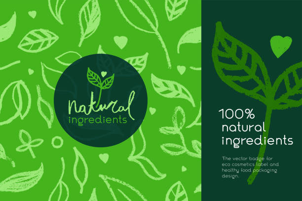 ilustrações de stock, clip art, desenhos animados e ícones de natural ingredients badge. emblem organic ingredients with vector leaf pattern seamless. - emblem food label
