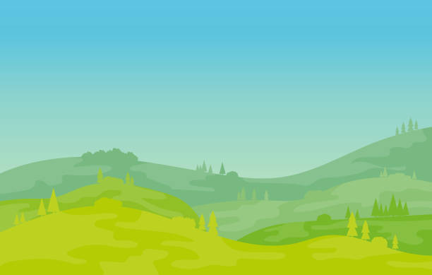 Natural landscape at sunrise. Natural landscape with trees and hills against a blue sky. Cartoon illustration of natural landscape in flat design. Vector illustration. Vector. vector art illustration