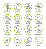 Natural Products. Allergens. Food Intolerance. Set of icons - Dairy Free, Gluten Free, Sugar Free, GMO Free, Nut Free, Paraben free. Vector illustration.
