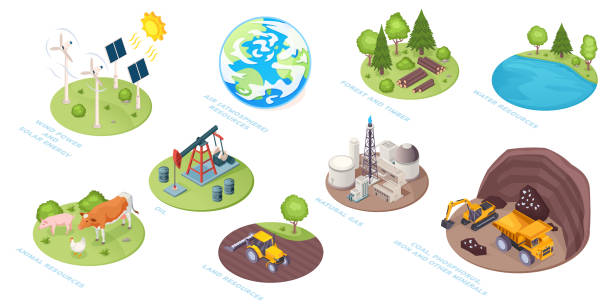 Natural resources icons, eco nature and renewable energy sources, vector isometric. Natural resources of water, sun and wind, natural gas and coal, land and animal, air atmosphere and forest materials Natural resources icons, eco nature and renewable energy sources, vector isometric. Natural resources of water, sun and wind, natural gas and coal, land and animal, air atmosphere and forest materials mining natural resources stock illustrations