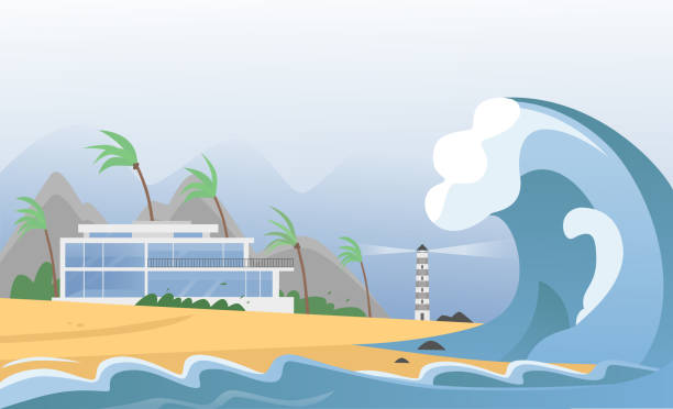 Natural strong disaster with fog and tsunami waves from ocean with house, mountains, palms and lighthouse. Earthquake tsunami wave hits the sand beach vector illustration. Natural strong disaster with fog and tsunami waves from ocean with house, mountains, palms and lighthouse. Earthquake tsunami wave hits the sand beach vector illustration storm backgrounds stock illustrations