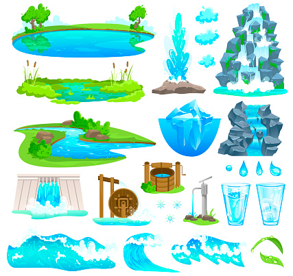 Natural water landscape vector illustration, cartoon flat nature set of flowing river stream, waterfall on mountain, waterfront of lake