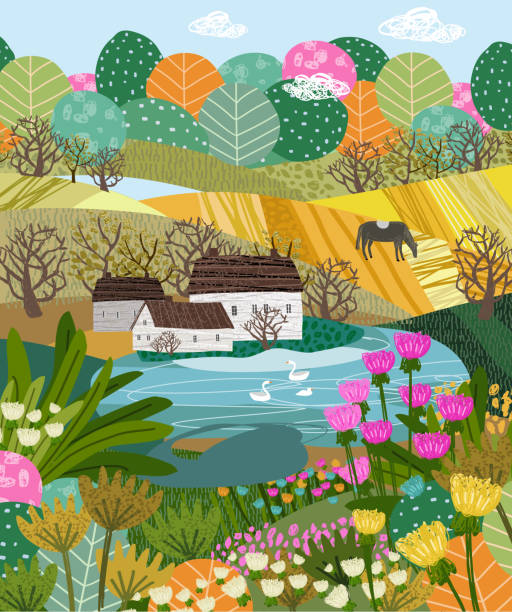 Nature and landscape. Vector illustration of a house, lake, field, view, village, tree and flowers. Drawings for poster, background or pattern Nature and landscape. Vector illustration of a house, lake, field, view, village, tree and flowers. Drawings for poster, background or pattern drawing of family picnic stock illustrations