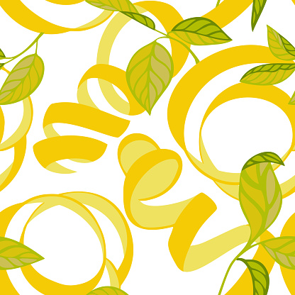 Lemon peel cut and twist isolated on white. Citrus tree leaves, Botanical seamless pattern. Plant and fruit vegetal background in trendy flat style. Textile and fabric fashion design.