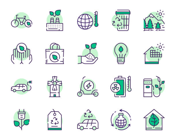 Nature conservation green color linear icons set vector art illustration