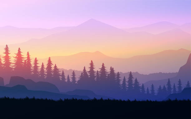 Nature forest Natural Pine forest mountains horizon Landscape wallpaper Mountains lake landscape silhouette tree sky Sunrise and sunset Illustration vector style colorful view background Nature forest Natural Pine forest mountains horizon Landscape wallpaper Mountains lake landscape silhouette tree sky Sunrise and sunset Illustration vector style colorful view background mountains in mist stock illustrations