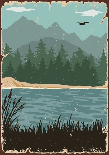 Nature landscape colorful template in vintage style with river flying bird forest and mountains silhouette vector illustration