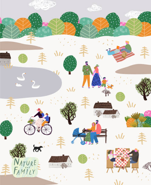 Nature, landscape, family and people. Vector illustration of a house, lake, field, view, village, tree and flowers. Drawings for poster, background or pattern Nature, landscape, family and people. Vector illustration of a house, lake, field, view, village, tree and flowers. Drawings for poster, background or pattern drawing of family picnic stock illustrations