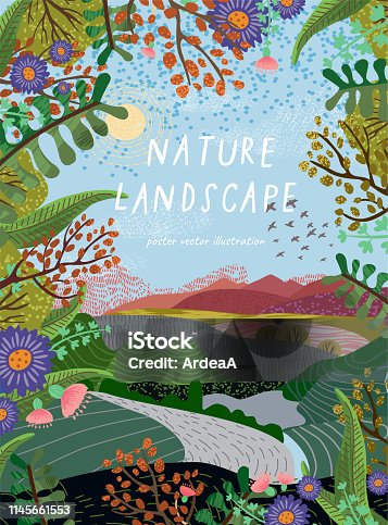 istock Nature landscape. Vector background illustration with hills, road, plants and flowers. Summer or spring day 1145661553