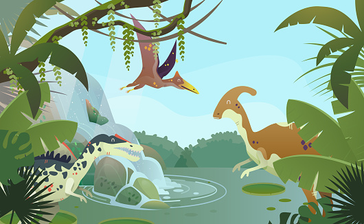 Nature landscape with prehistoric dinosaurs