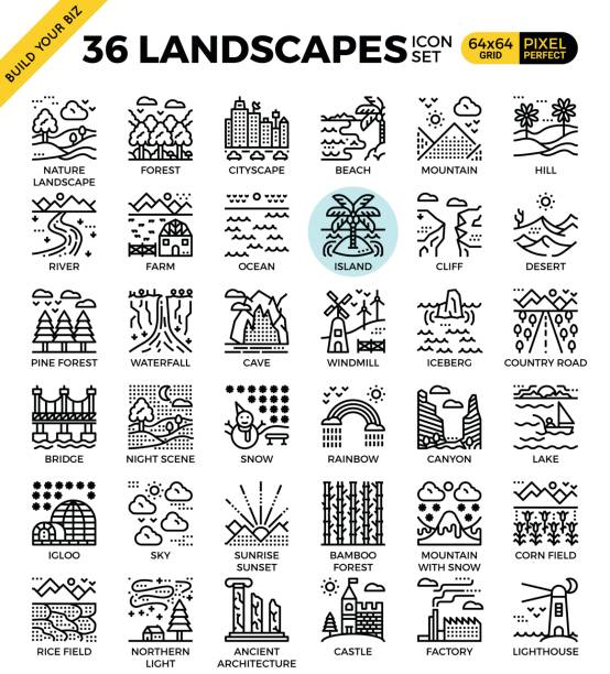 Nature landscapes pixel perfect outline icons Nature landscapes pixel perfect outline icons modern style for website or print illustration river icons stock illustrations
