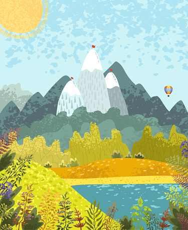 Nature mountain landscape with with a lake, a hot air balloon