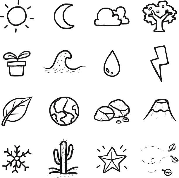 ilustrações de stock, clip art, desenhos animados e ícones de conjunto de ícones de natureza objectos ou - moon b&w