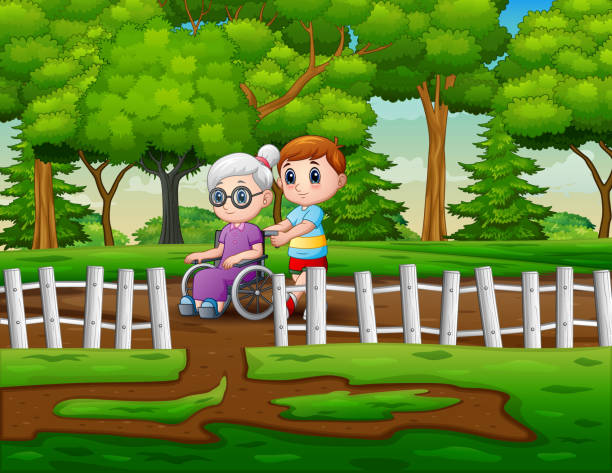 ilustrações de stock, clip art, desenhos animados e ícones de nature scene with a boy and his grandmother in a wheelchair - wheelchair street happy