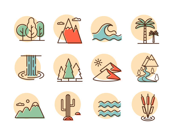 Nature vector icons set. Landscape sign Vector nature icons set. desert, mountains, forest, river, sea, lake. Graph symbol for travel and tourism web site and apps design, logo, app, UI cactus icons stock illustrations
