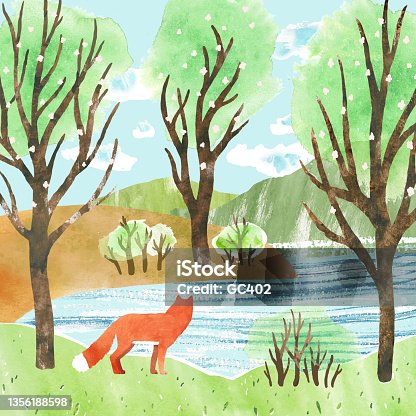 istock Nature watercolor vector landscape with fox, river, trees and mountains. Spring hand draw vector Illustration for postcard, poster, banner. 1356188598