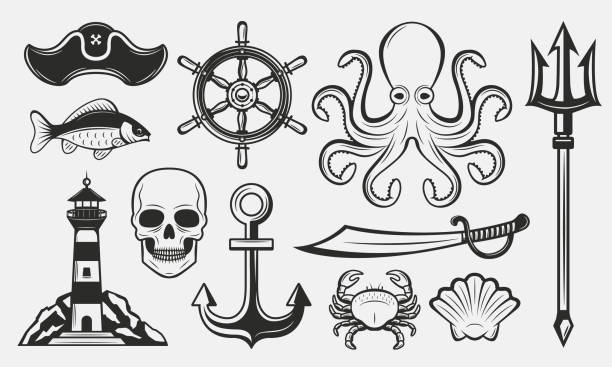 Nautical elements set. Vintage nautical icons set. Marine symbol templates. Lighthouse, anchor, trident, octopus, ship wheel. Vector illustrations Vector illustration trident spear stock illustrations