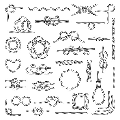 Nautical rope knots. Tie chart use by boaters, paddlers, scouts, search and rescue, arborists, climbers. Vector flat style illustration isolated on white background