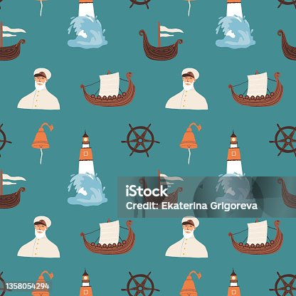 istock Nautical seamless pattern for fabric, textile, wrapping paper, wallpaper print, kids clothes etc. Hand-drawn conqueror of the seas and oceans, Captain, ships, lighthouse, ships bell, steering wheel. 1358054294