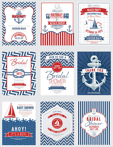 stockillustraties, clipart, cartoons en iconen met nautical theme party invitations set - nautische stijl